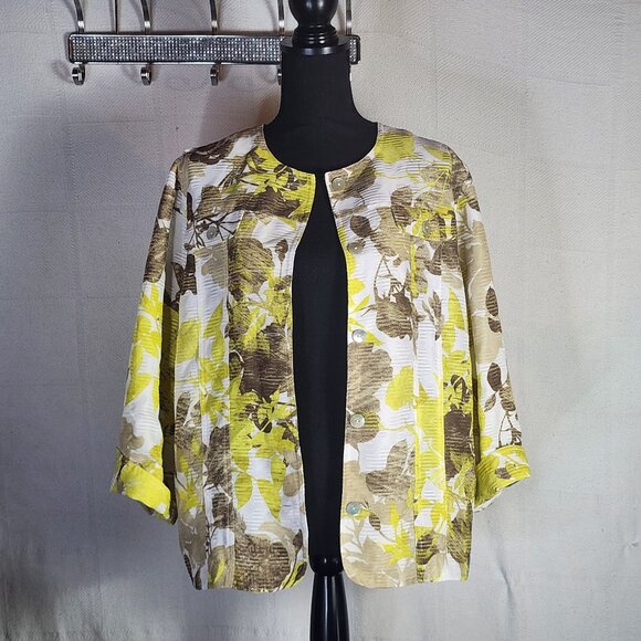 Alfred Dunner Citron Yellow Brown Floral Pearlized Button Up Poly Shacket Sz 16 - Picture 15 of 16